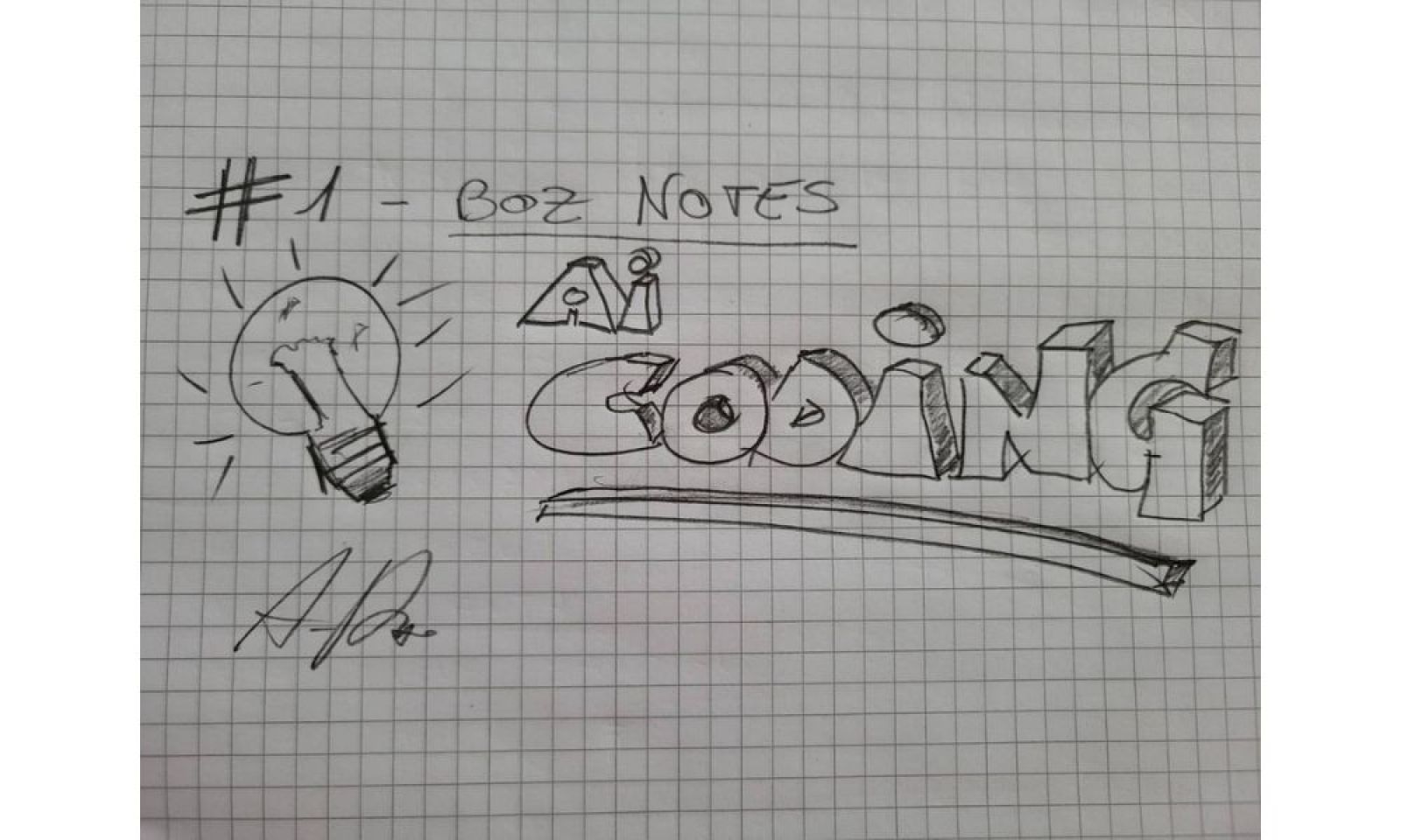 Bozzetto a matita originale di Alessandro Boz che illustra il concetto di Coding + AI, firmato a mano in basso a sinistra