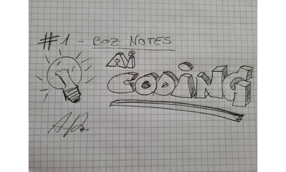 Bozzetto a matita originale di Alessandro Boz che illustra il concetto di Coding + AI, firmato a mano in basso a sinistra
