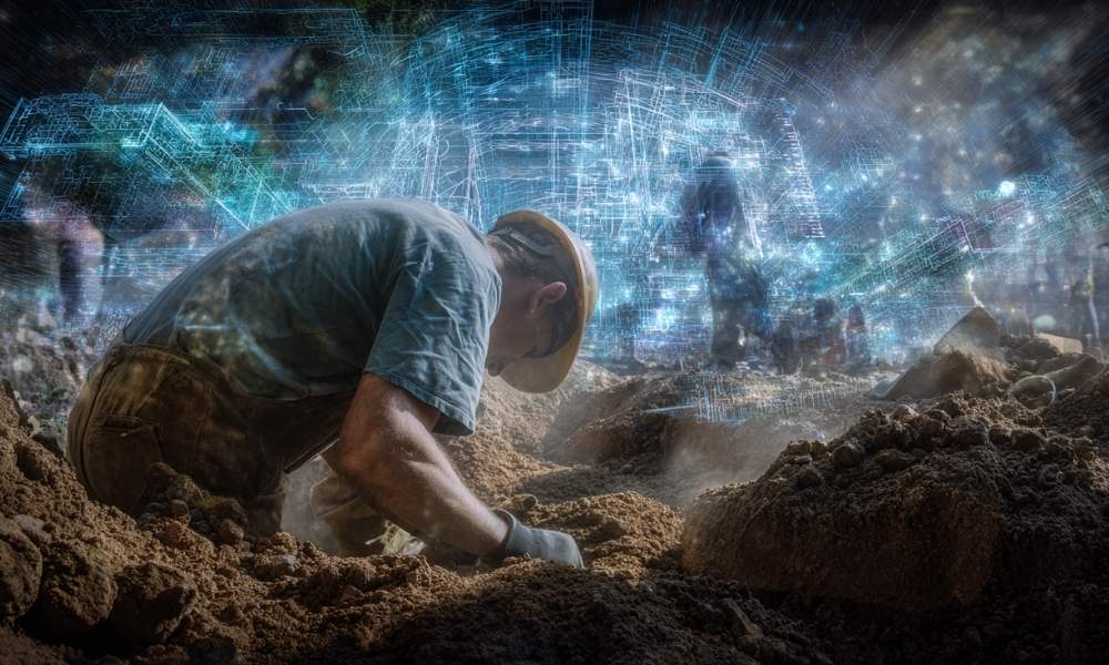 Operaio al lavoro in uno scavo con sovrapposizione digitale che rappresenta l’intelligenza artificiale applicata al lavoro umano e alla trasformazione digitale