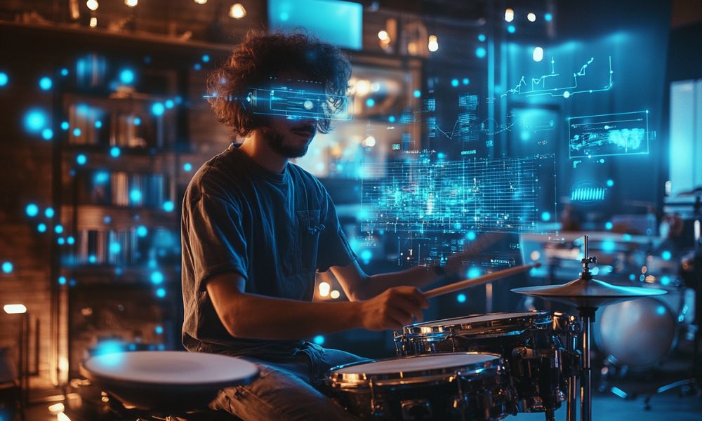 Intelligenza artificiale e lavoro, batterista che suona immerso nei dasti