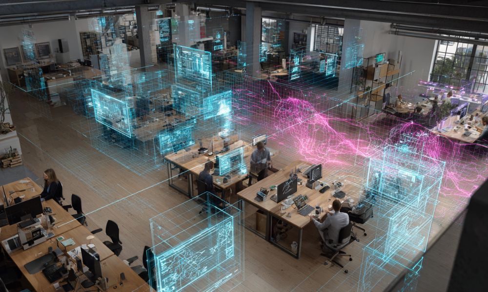 Intelligenza artificiale in azienda, open space di scrivanie con dati fluttuanti