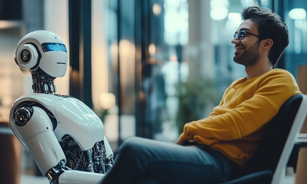 Intelligenza artificiale lavoro, uomo seduto che discute con un robot umanoide