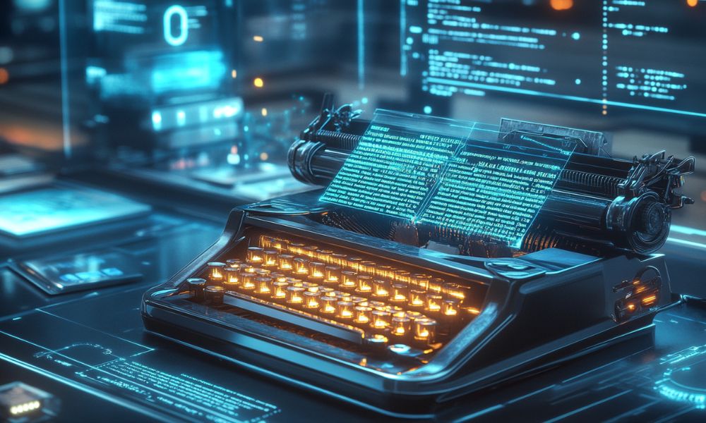 Prompt design Ai articoli informativi, macchina da scrivere con tasti luminosi