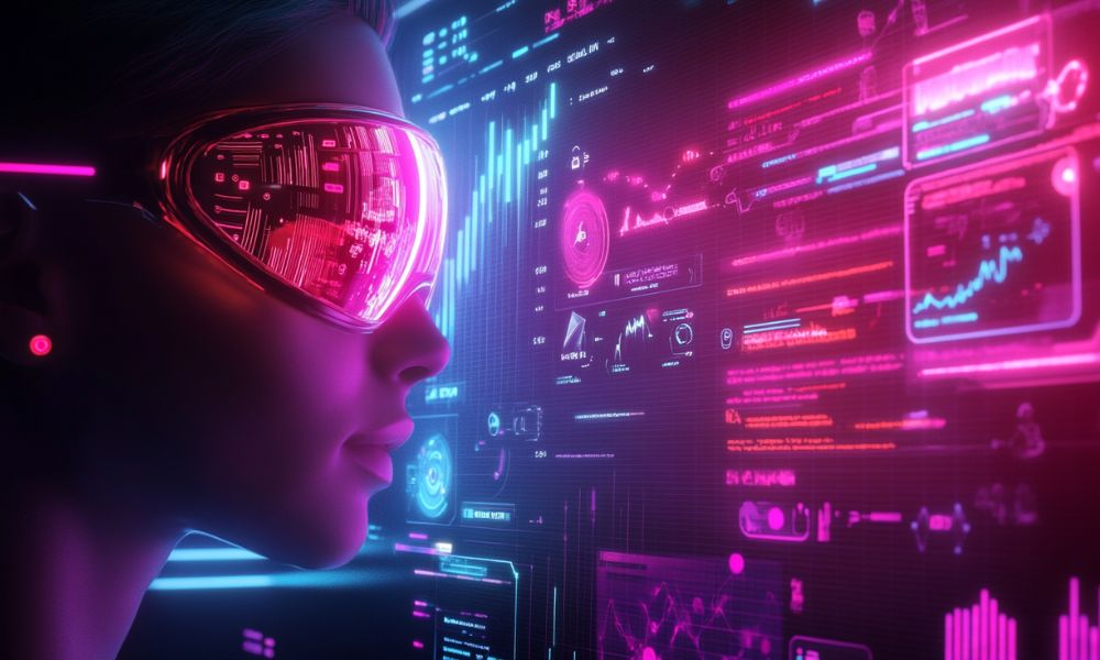 Prompt design Ai personalizzare i contenuti, donna con occhiali che guarda monitor di dati, cyberpunk