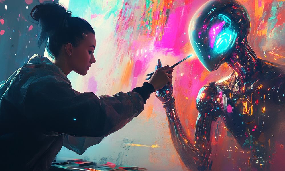 Prompt design generazioni immagini, ragazza che dipinge un robot umanoide digitale
