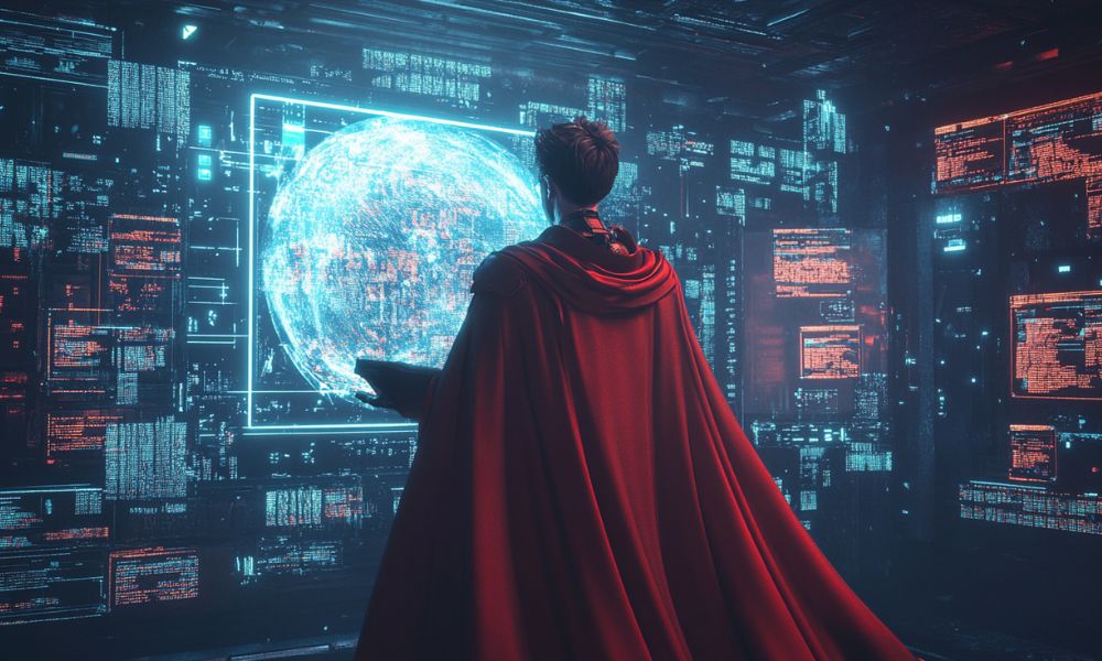 Prompting supereroe con mantello rosso di schiena che guarda dei monitor di dati