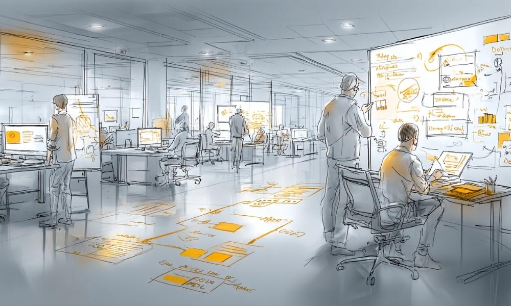 Illustrazione in stile sketch di un ufficio open space moderno: più persone lavorano a computer, collaborano davanti a lavagne e pannelli con diagrammi, flussi e appunti evidenziati in arancione, in un ambiente luminoso e orientato al lavoro di squadra e alla progettazione.
