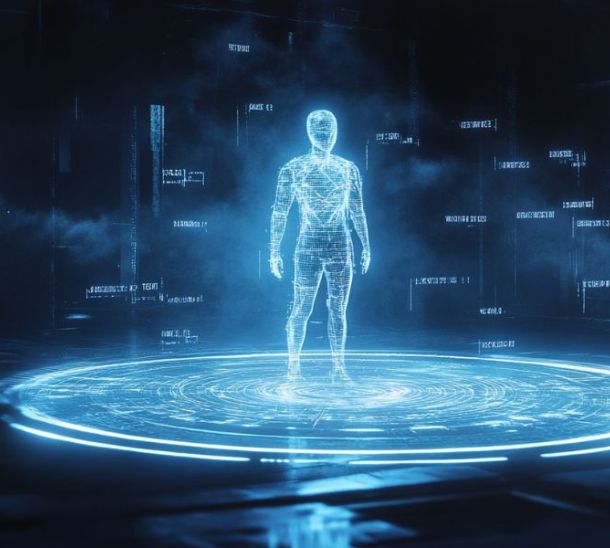 Prompt engineering, ologramma di una persona fatta di dati