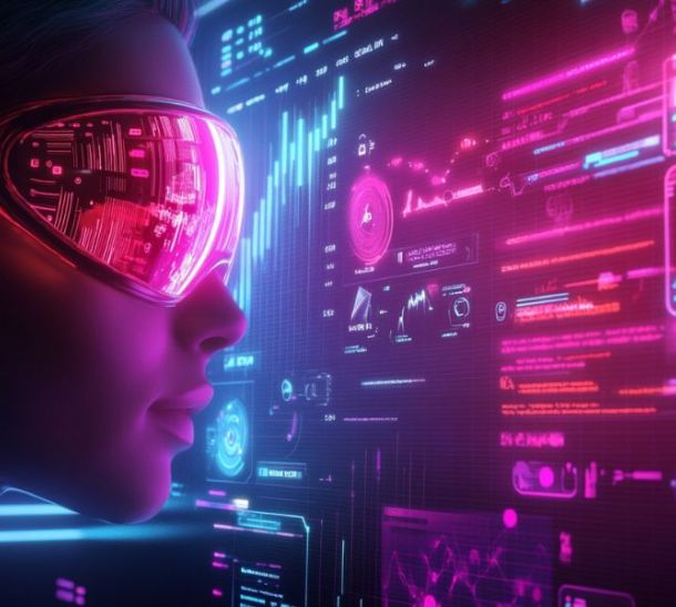 Prompt design Ai personalizzare i contenuti, donna con occhiali che guarda monitor di dati, cyberpunk