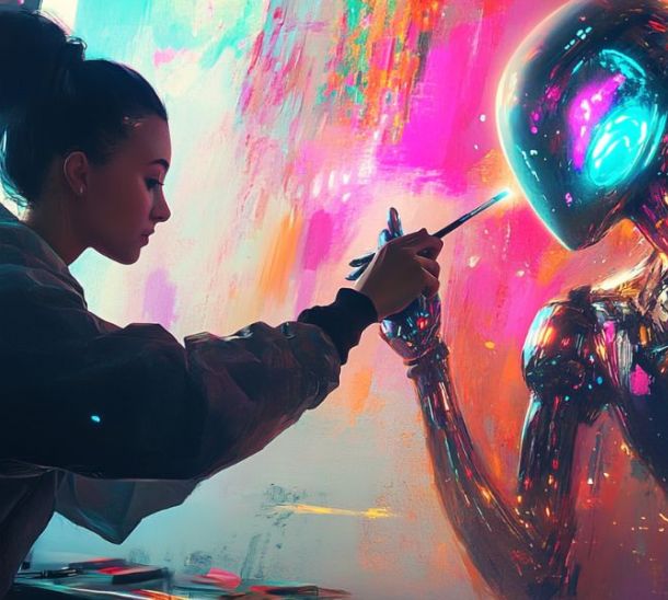 Prompt design generazioni immagini, ragazza che dipinge un robot umanoide digitale