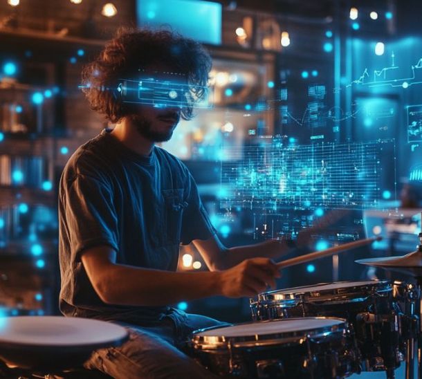 Intelligenza artificiale e lavoro, batterista che suona immerso nei dasti