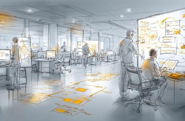 Illustrazione in stile sketch di un ufficio open space moderno: più persone lavorano a computer, collaborano davanti a lavagne e pannelli con diagrammi, flussi e appunti evidenziati in arancione, in un ambiente luminoso e orientato al lavoro di squadra e alla progettazione.