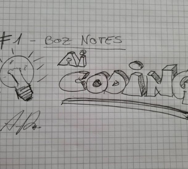Bozzetto a matita originale di Alessandro Boz che illustra il concetto di Coding + AI, firmato a mano in basso a sinistra