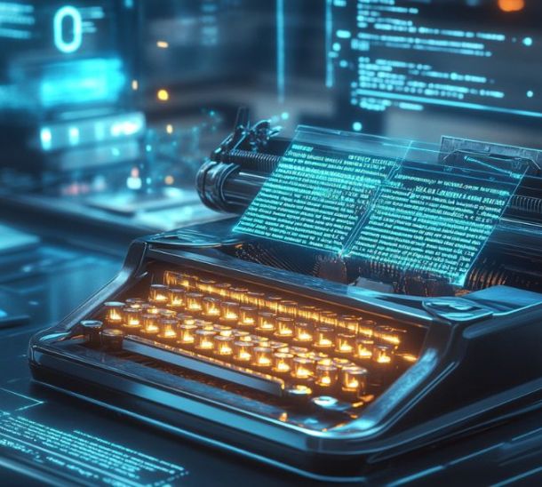 Prompt design Ai articoli informativi, macchina da scrivere con tasti luminosi