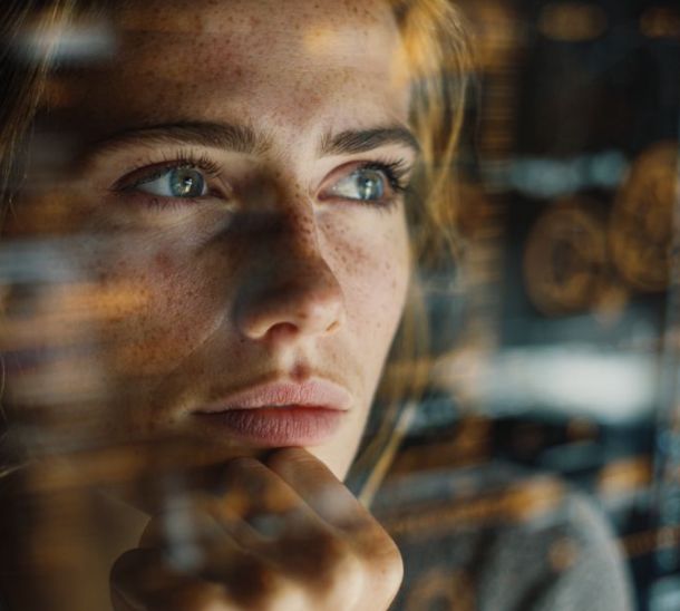 Lavoro intelligenza artificiale, donna pensierosa che ossera uno schermo digitale con simboli astratti Ai