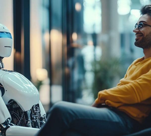 Intelligenza artificiale lavoro, uomo seduto che discute con un robot umanoide