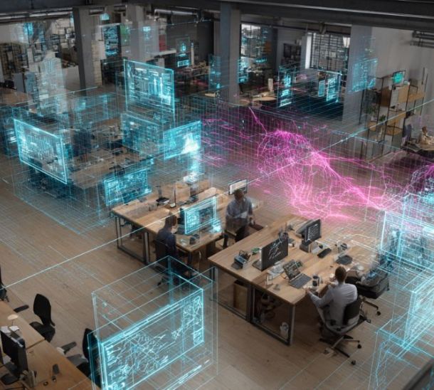 Intelligenza artificiale in azienda, open space di scrivanie con dati fluttuanti