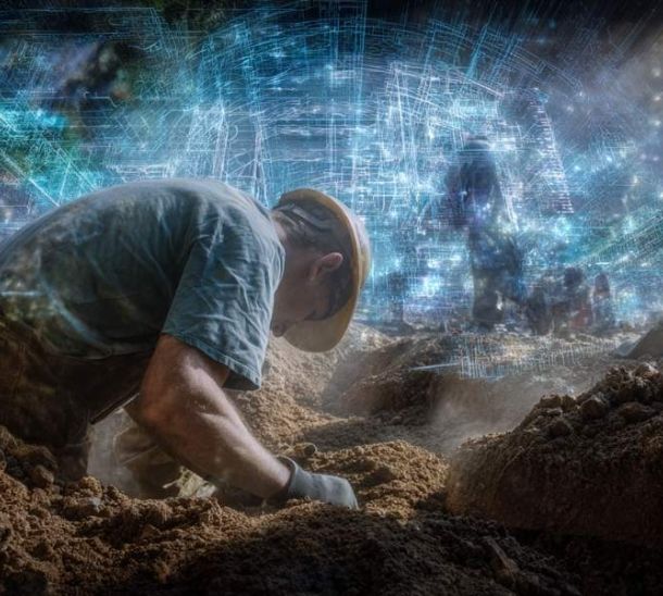 Operaio al lavoro in uno scavo con sovrapposizione digitale che rappresenta l’intelligenza artificiale applicata al lavoro umano e alla trasformazione digitale