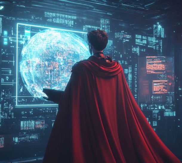 Prompting supereroe con mantello rosso di schiena che guarda dei monitor di dati