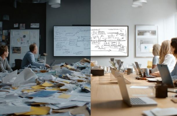 Immagine divisa a metà che confronta il caos e l'ordine in ufficio: a sinistra, un tavolo sommerso da montagne di documenti cartacei disordinati; a destra, lo stesso ambiente appare luminoso, pulito e digitalizzato con laptop e superfici sgombre.