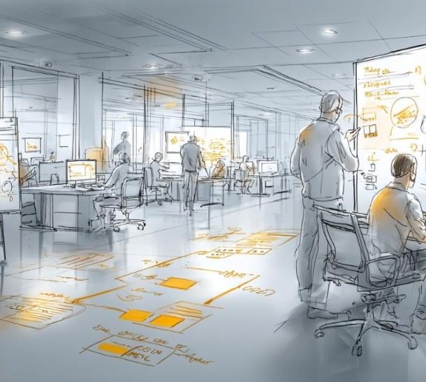 Illustrazione in stile sketch di un ufficio open space moderno: più persone lavorano a computer, collaborano davanti a lavagne e pannelli con diagrammi, flussi e appunti evidenziati in arancione, in un ambiente luminoso e orientato al lavoro di squadra e alla progettazione.