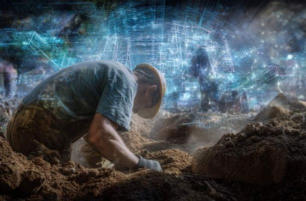 Operaio al lavoro in uno scavo con sovrapposizione digitale che rappresenta l’intelligenza artificiale applicata al lavoro umano e alla trasformazione digitale